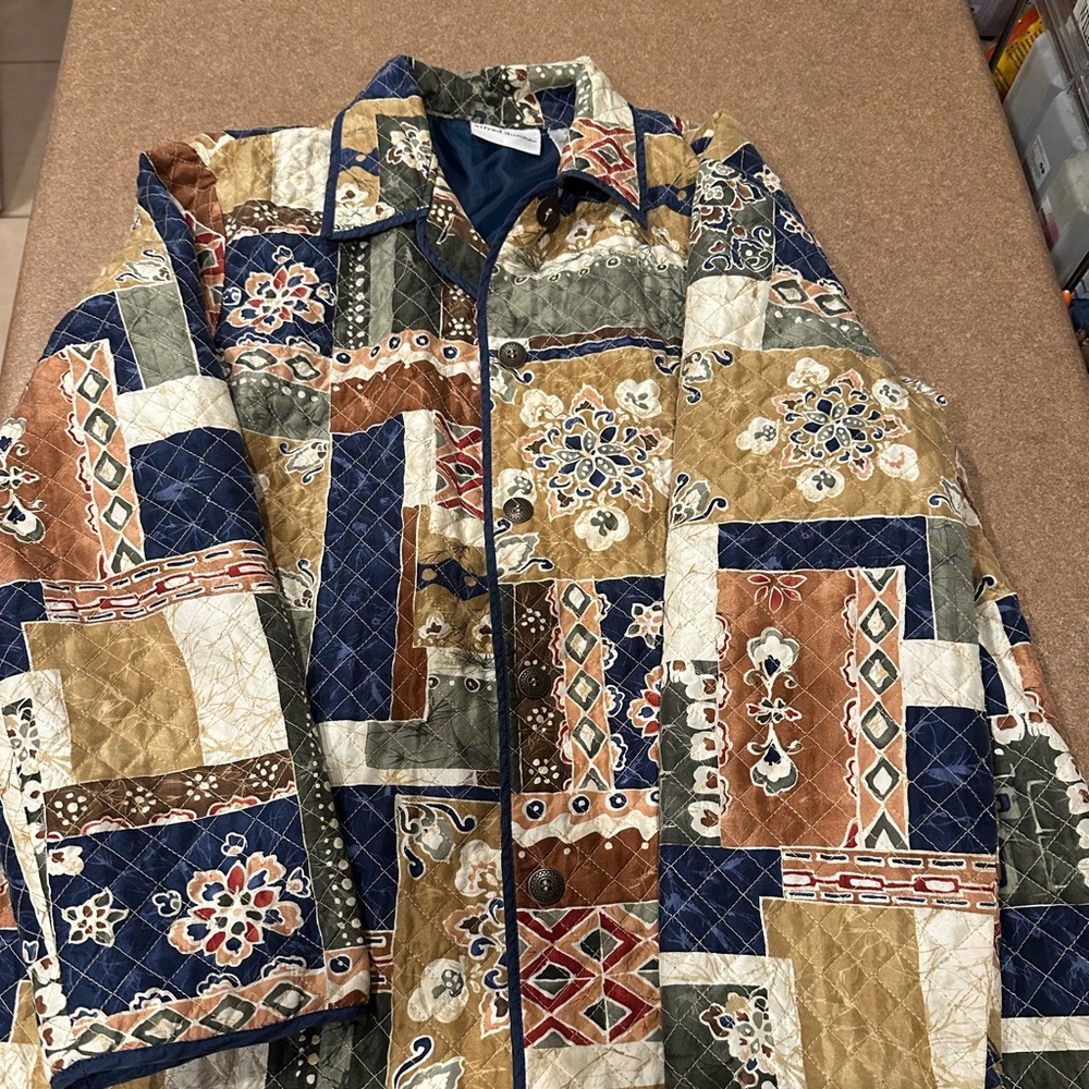 Alfred Dunner Quilted Patchwork Shirt Jacket in Navy, Brown & Tan